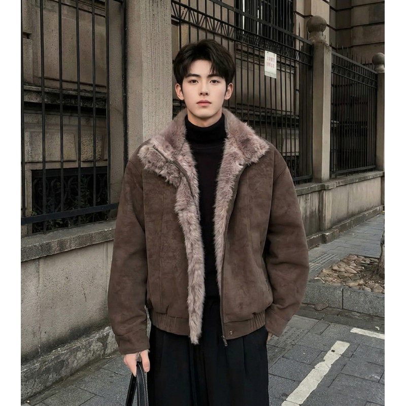 座山雕大毛领PU皮夹克棉服男外套