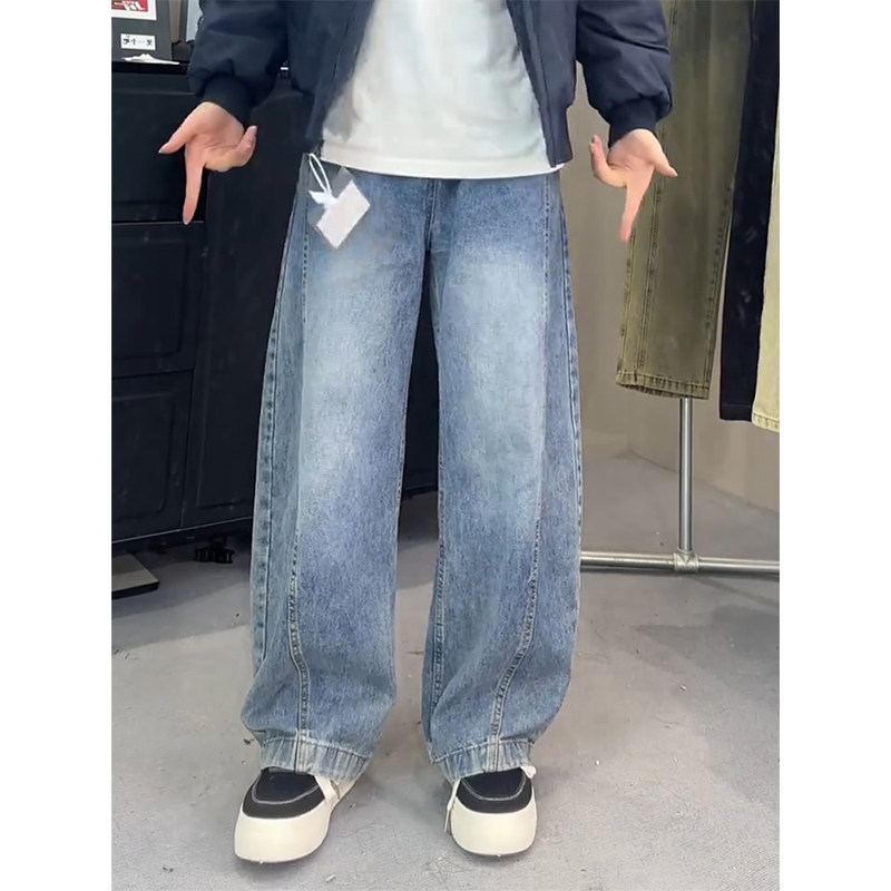 浅蓝色水洗阔腿弯刀牛仔裤男时尚百搭春季重磅宽松直筒休闲长裤潮,男装,牛仔裤,淘宝优惠券,粉丝福利购,淘宝优惠卷