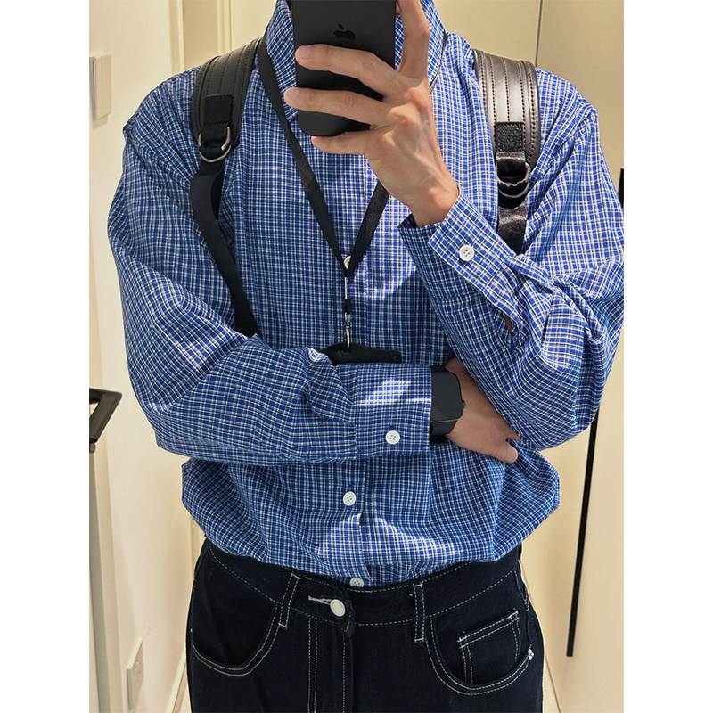 miu系穿搭蓝色格子衬衫男款高级感早秋通勤长袖上衣内搭打底衬衣