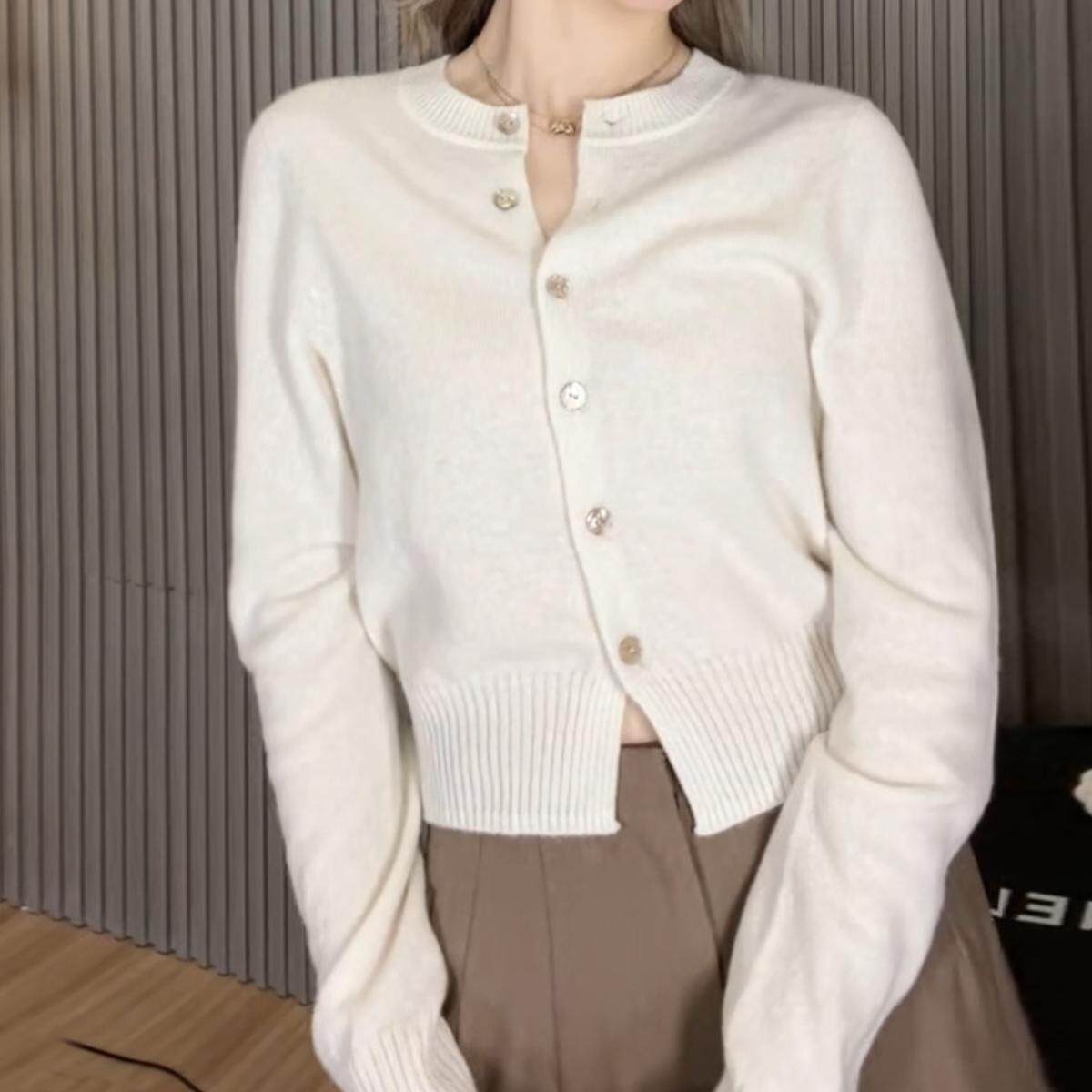 丘比特 挚爱羊绒Cashmere 中鼎短款女毛衣温柔甜美针织开衫设计感