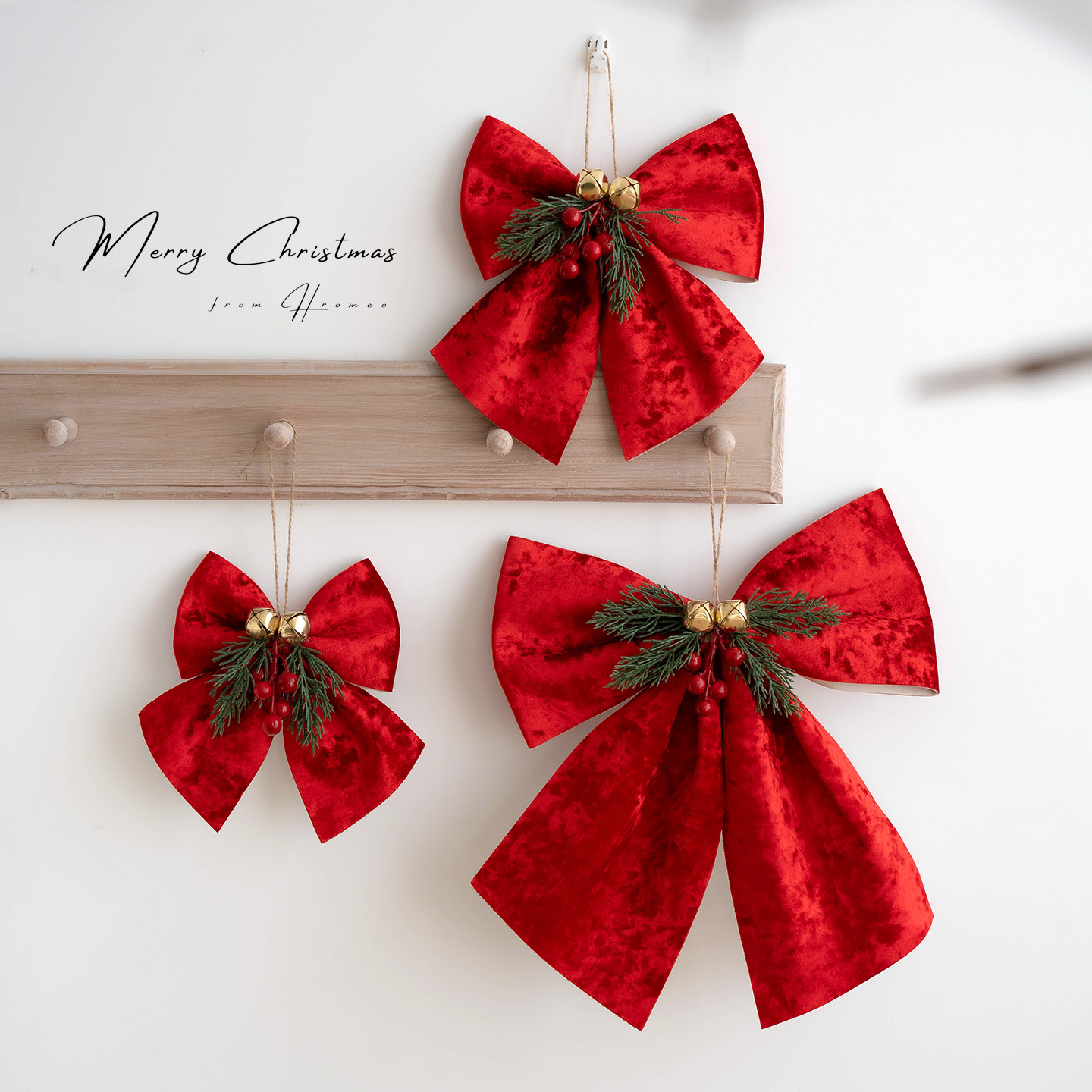 Hromeo圣诞绒布铃铛蝴蝶结装饰