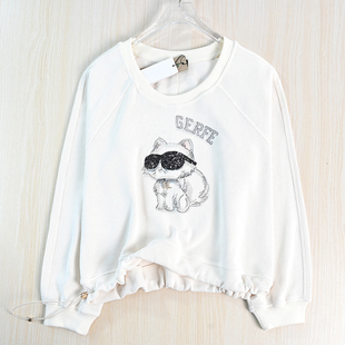 思琪女装261/8 美系春款字母吊坠卡通猫咪圆领休闲插肩长袖卫衣