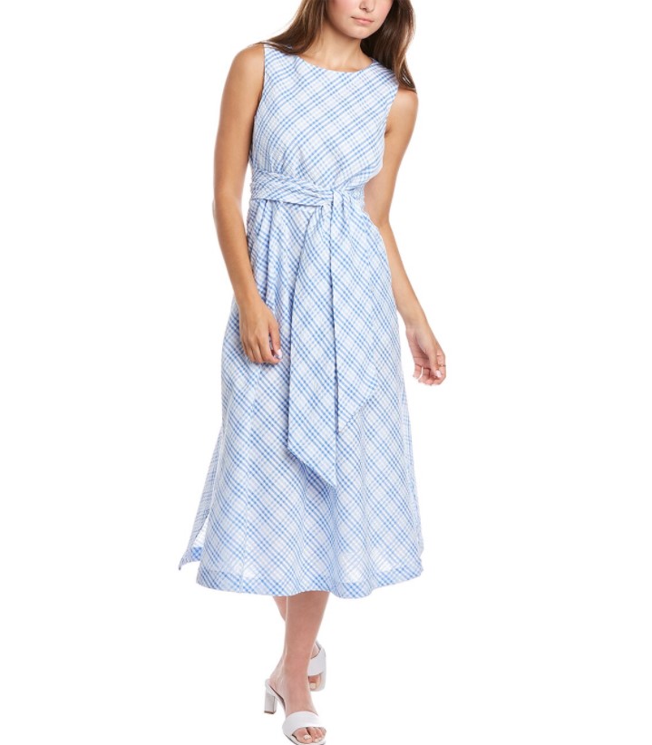 思琪女装 美系狮子头缘 清爽蓝色小格纹系带蝴蝶结中长无袖连衣裙