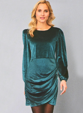 思琪女装2512/22 欧美风丝绒弹力不对称褶皱叠片修身长袖连衣裙