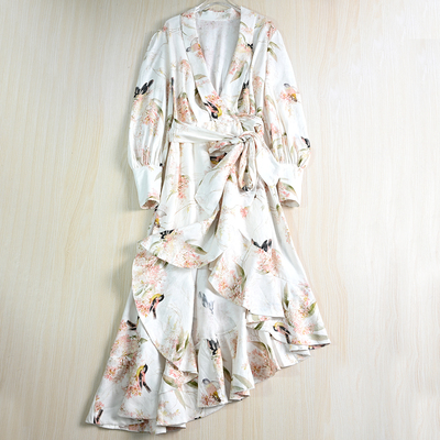 亚麻印花收身荷叶摆长袖连衣裙