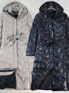 思琪女装2511/17美系K尔厚实保暖白鸭绒绗缝可脱卸帽中长款羽绒服