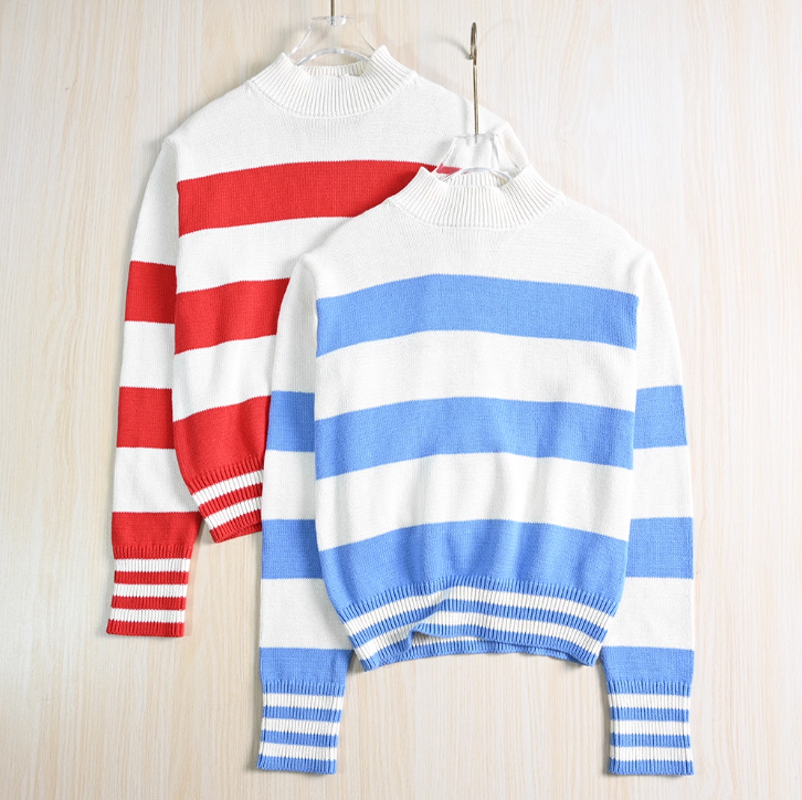 思琪女装2511/13 经典条纹简约棉线半高领短款长袖针织毛衣上衣