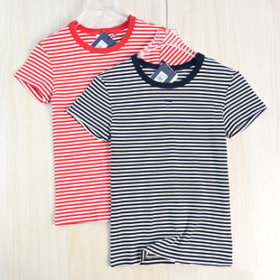 思琪女装261/26 美汤系螺纹弹力棉撞色条纹圆领修身休闲短袖T恤