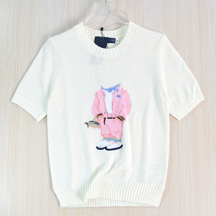 短袖 思琪女装 美国单卡通熊粗针棉线混纺圆领短款 毛衣 2512