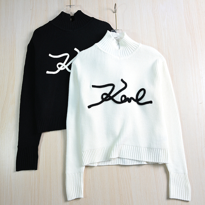 粗针立体绳绣半高领长袖针织毛衣