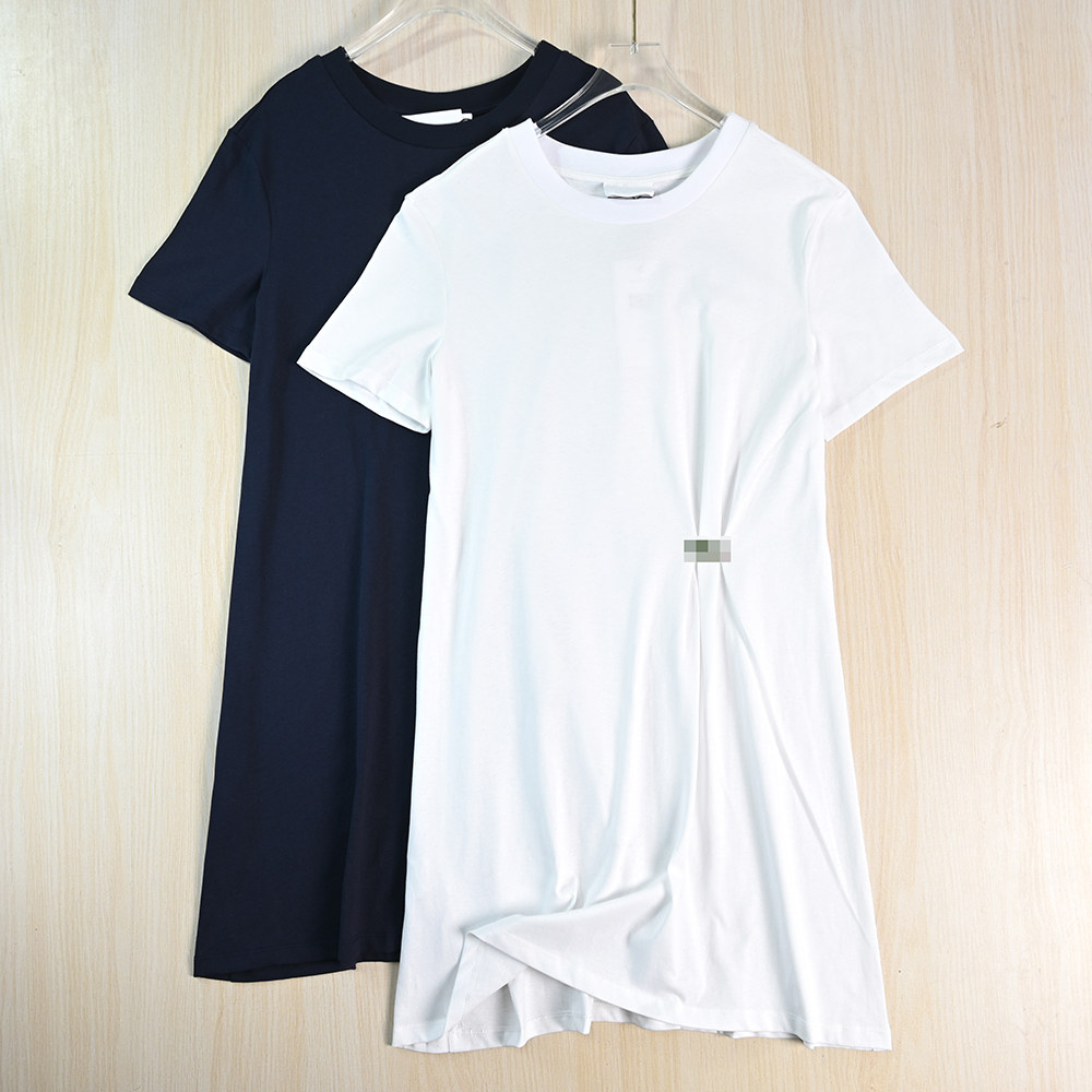 思琪女装261/29 法国单气质褶皱棉质圆领修身休闲短袖T恤连衣裙