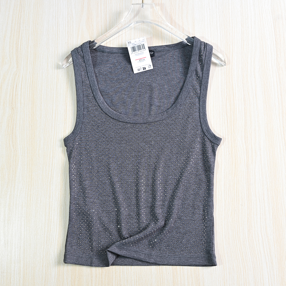 弹力螺纹满钻低领修身无袖背心