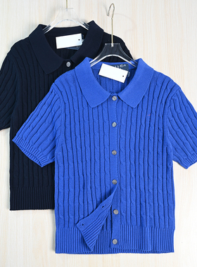 思琪女装262/5 美国单刺绣棉线绞花翻领休闲短款短袖针织开衫