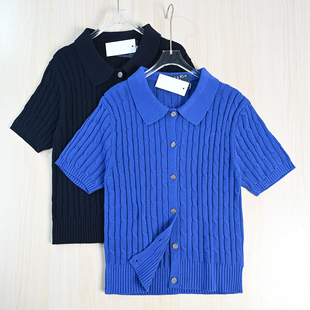 思琪女装262/5 美国单刺绣棉线绞花翻领休闲短款短袖针织开衫