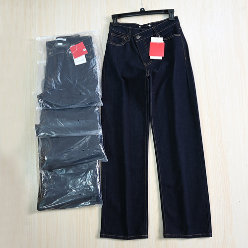 弹力水洗棉高腰宽松直筒牛仔长裤