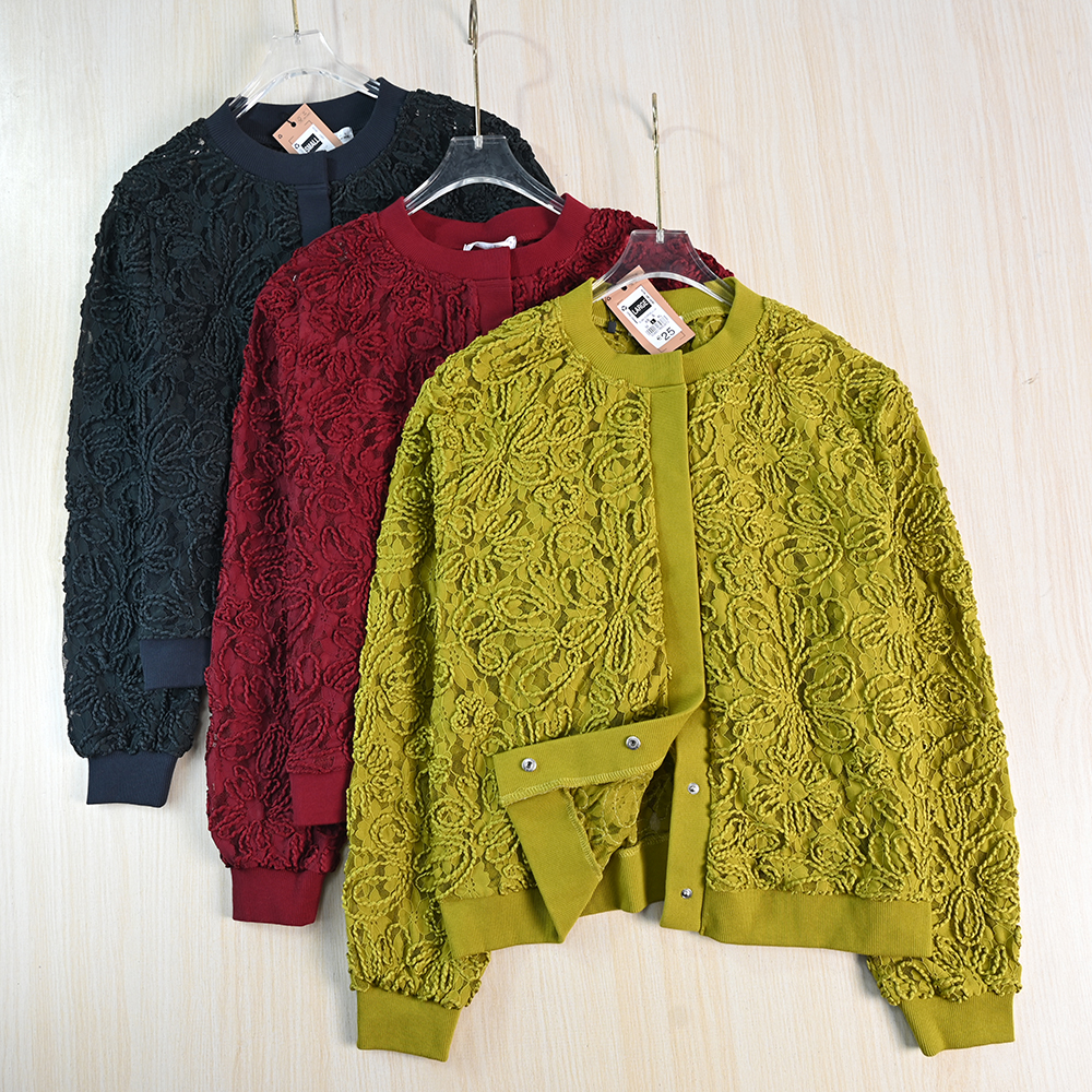 精致蕾丝提花绳绣圆领针织外套