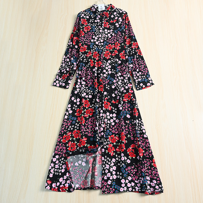 思琪女装 欧美风 碎花暗门禁系扣翻领可挽长袖长款连衣裙