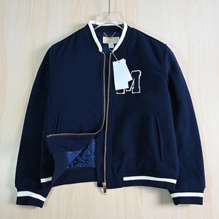 羊毛混纺植绒刺绣字母螺纹立领夹棉棒球服外套 思琪女装