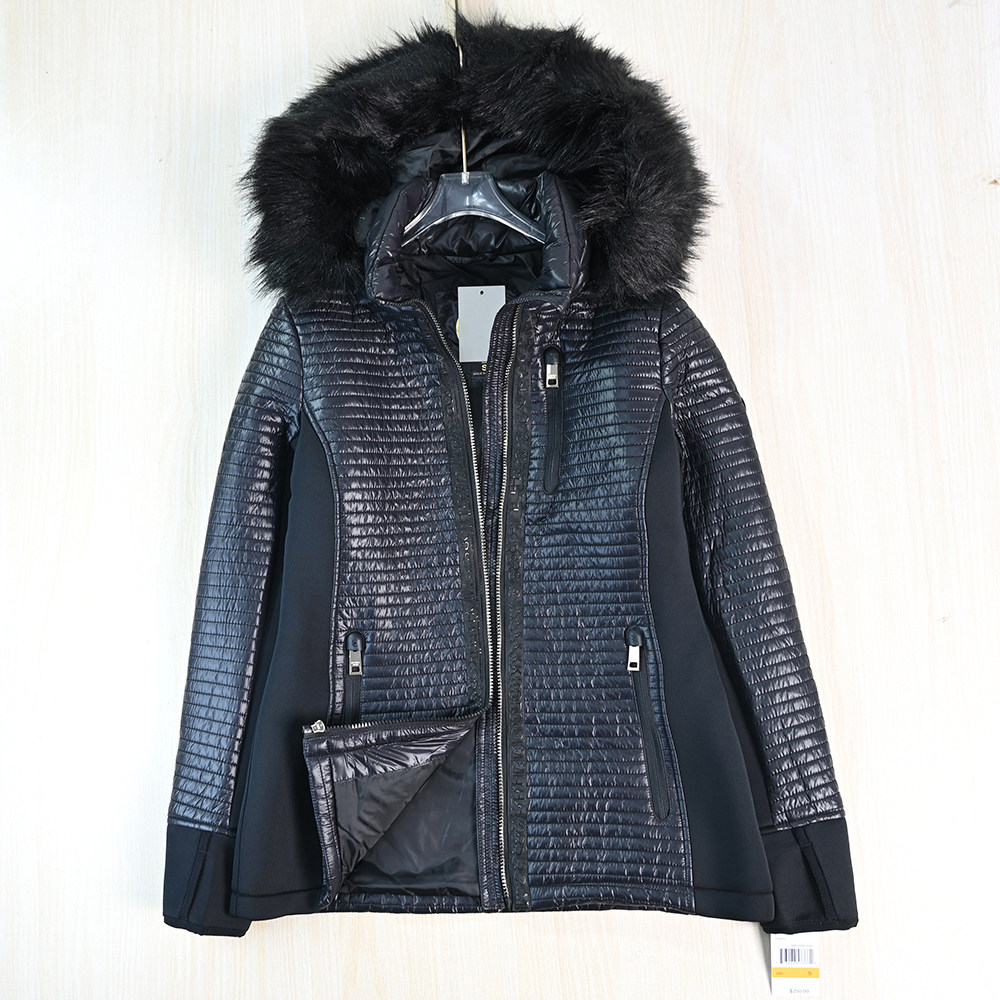 绗缝拼接可脱卸帽毛领休闲棉服