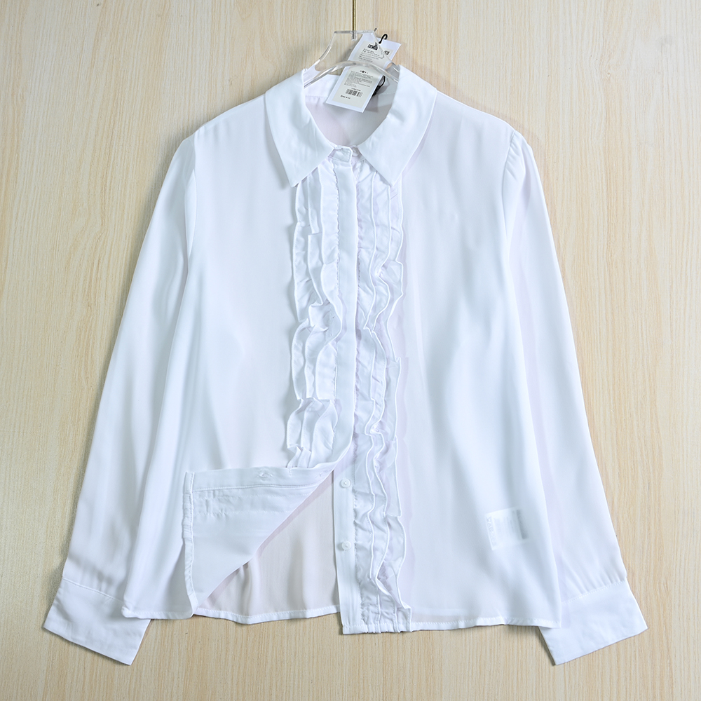 薄款翻领木耳边门禁长袖雪纺衬衫
