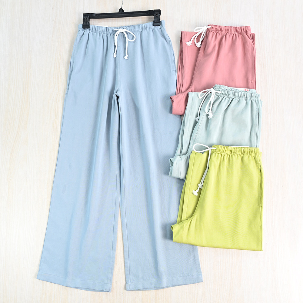 思琪女装265/18简约时尚糖果色天丝麻混纺松紧腰系带直筒休闲长裤
