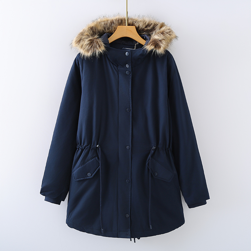 思琪女装2511/10可拆卸毛领连帽抽绳收腰中长款宽松棉服外套