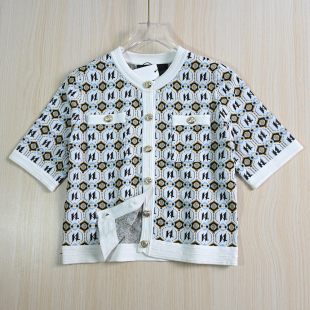 美系 小香风提花字母圆领修身 短款 思琪女装 针织开衫 短袖 253