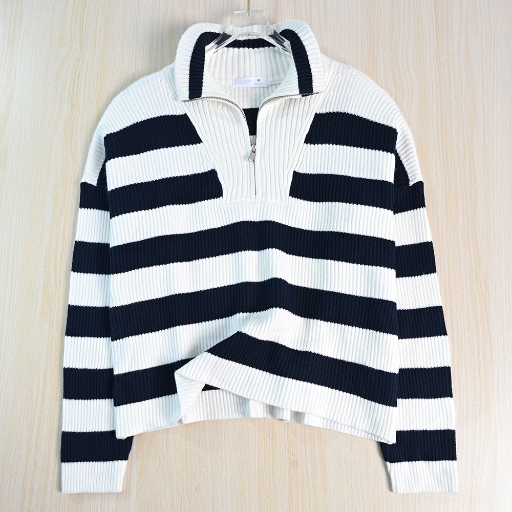 欧美范半拉链立领落肩长袖针织衫