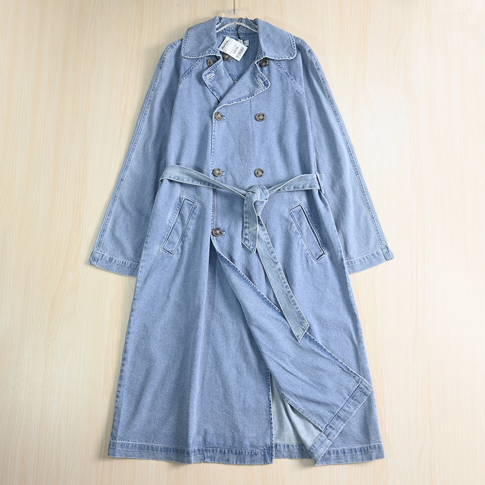 思琪女装 9/12时尚 欧美风水洗棉翻领双排扣腰带收身牛仔风衣外套