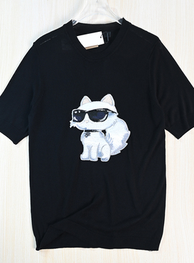 思琪女装261/19  美系K尔轻盈刺绣卡通猫贴布圆领休闲短袖针织衫