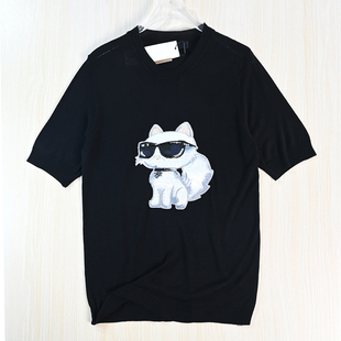 针织衫 思琪女装 美系K尔轻盈刺绣卡通猫贴布圆领休闲短袖 261