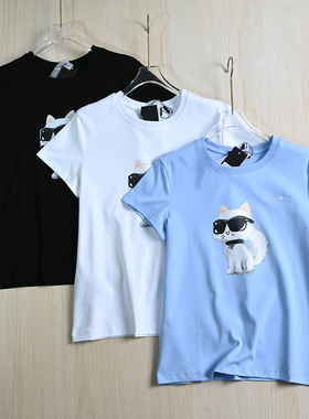 思琪女装254/7 美系K尔 棉质胶印刺绣字母圆领修身休闲短袖T恤