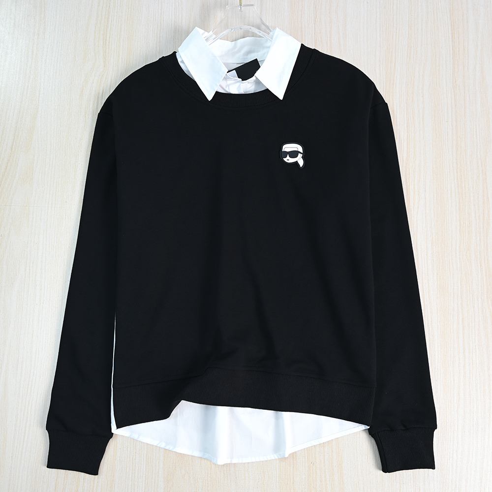 棉拼接假两件衬衫领休闲长袖卫衣