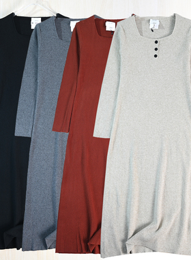 思琪女装2512/29 优雅气质螺纹弹力方领修身长袖针织连衣裙