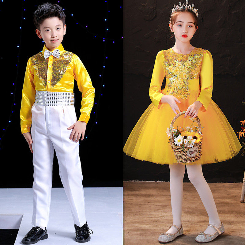 儿童演出服男女童黄色公主蓬蓬裙