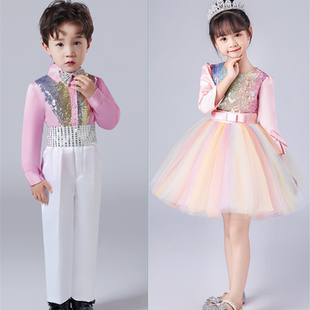 儿童演出服女童长袖 七彩蓬蓬裙幼儿园舞蹈裙小学生集体朗诵合唱服
