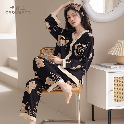 睡衣春秋款女2025新款纯棉长袖全棉小熊开衫家居服秋冬季女士套装