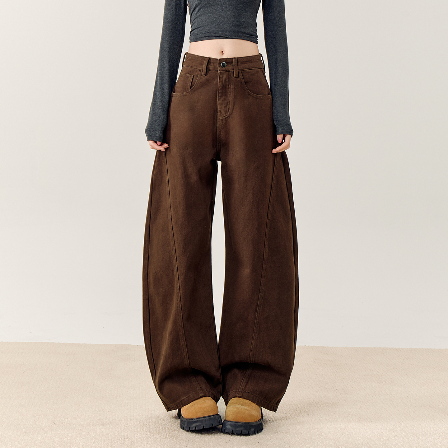 复古咖色阔腿牛仔裤女秋冬2025新款美拉德高腰宽松显瘦加绒弯刀裤
