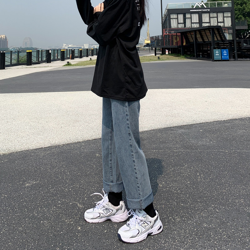 直筒牛仔裤女2020年新款秋装高腰宽松显瘦大码胖MM老爹阔腿裤子潮