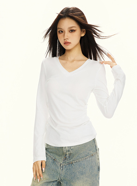 白色v领长袖t恤打底衫女2025秋冬季新款内搭显瘦修身时尚上衣潮