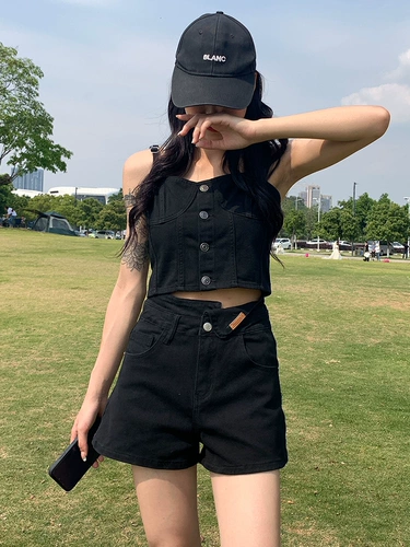 Черный джинсовый бюстгальтер-топ, короткая майка, эффект подтяжки, 2025 года, в американском стиле