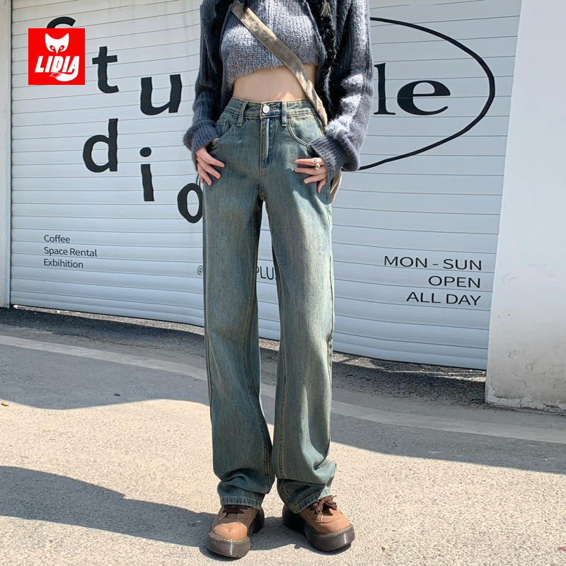 复古蓝直筒牛仔裤女阔腿裤