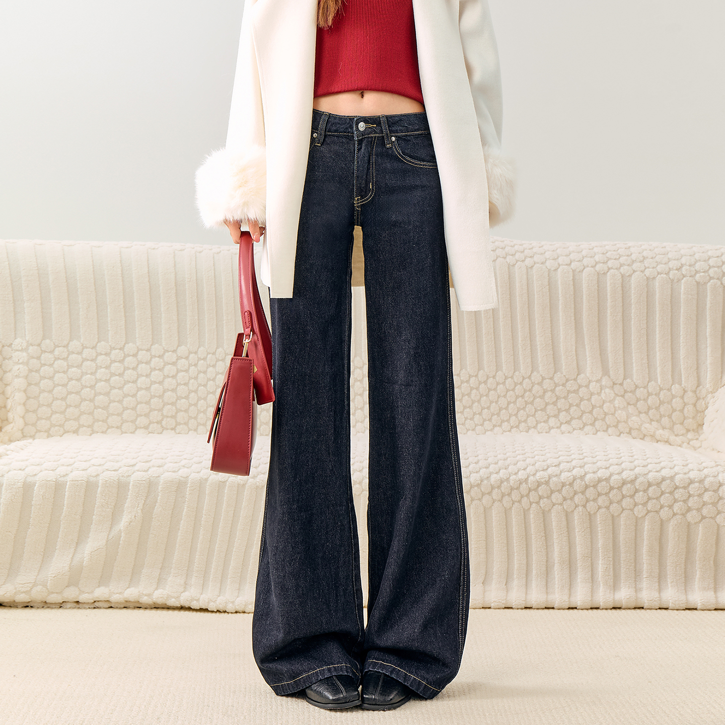 深蓝色低腰微喇牛仔裤女秋冬新款美式复古加绒修身显瘦喇叭马蹄裤