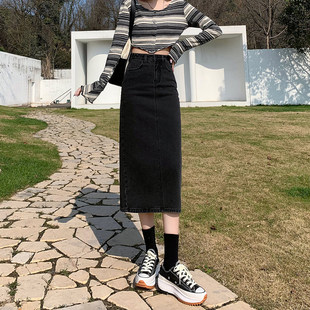 高腰开叉牛仔裙女秋冬春秋2022新款 半身裙小个子a字包臀裙 中长款