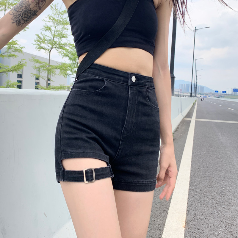 现货黑色高腰机车配靴子牛仔短裤女秋冬新款网红辣妹弹力a字紧身