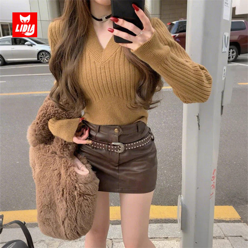 卡其色V领毛衣女春夏季2025新款女士小个子法式短款