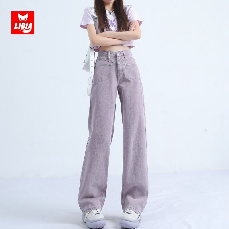 美式复古紫色阔腿牛仔裤女夏季薄款梨形身材高腰显瘦宽松直筒裤子