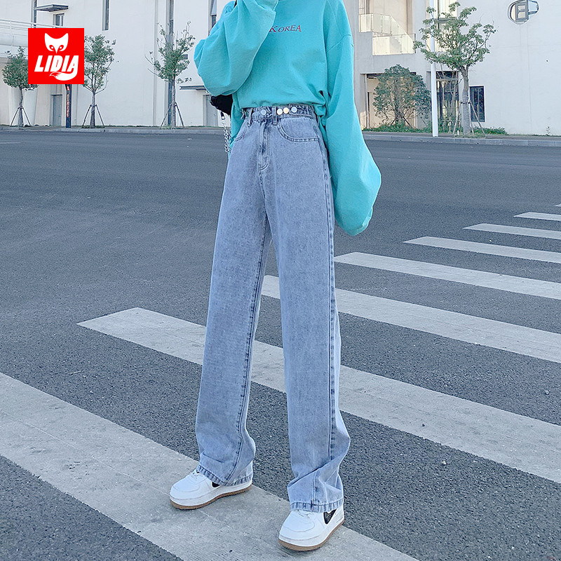 直筒牛仔裤裤子宽松垂感浅色高腰