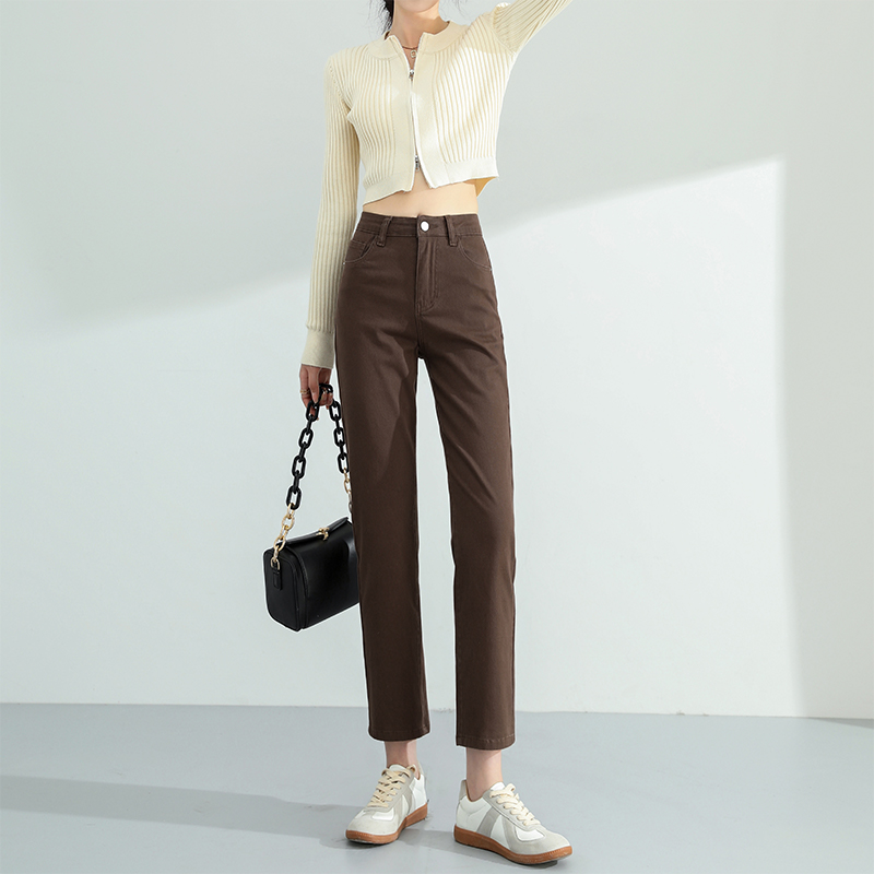 棕色九分烟管裤直筒牛仔裤女秋