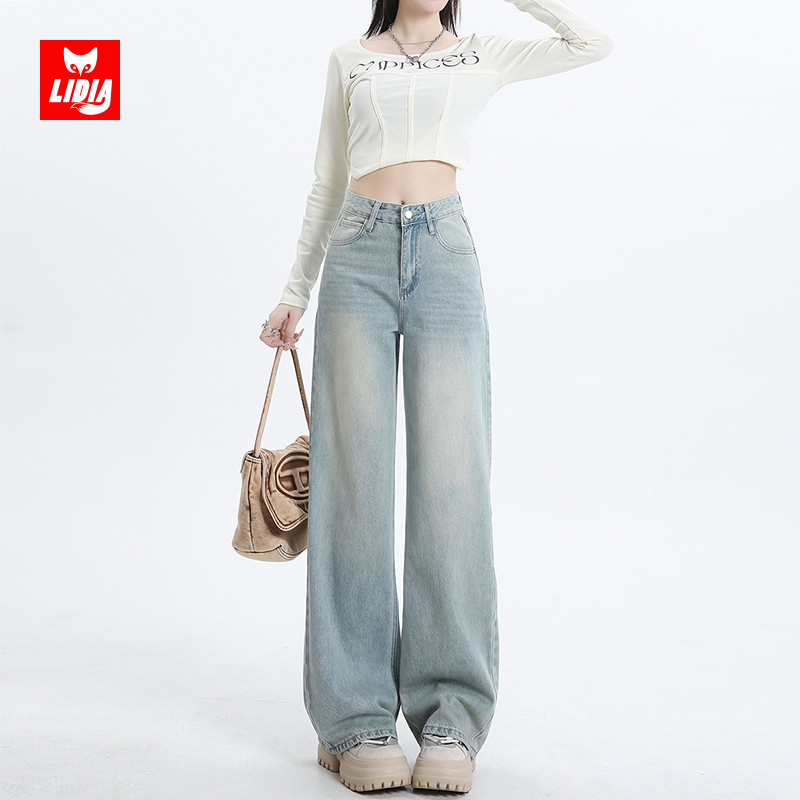 复古浅蓝色阔腿裤美式牛仔裤女